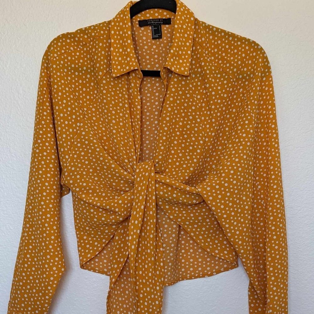 Forever 21 - Mustard yellow polka dot tie front blouse - L